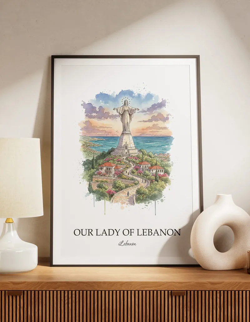 Minimalist poster of Our Lady of Lebanon in Lebanon in a light frame standing by a window in a boho style room.