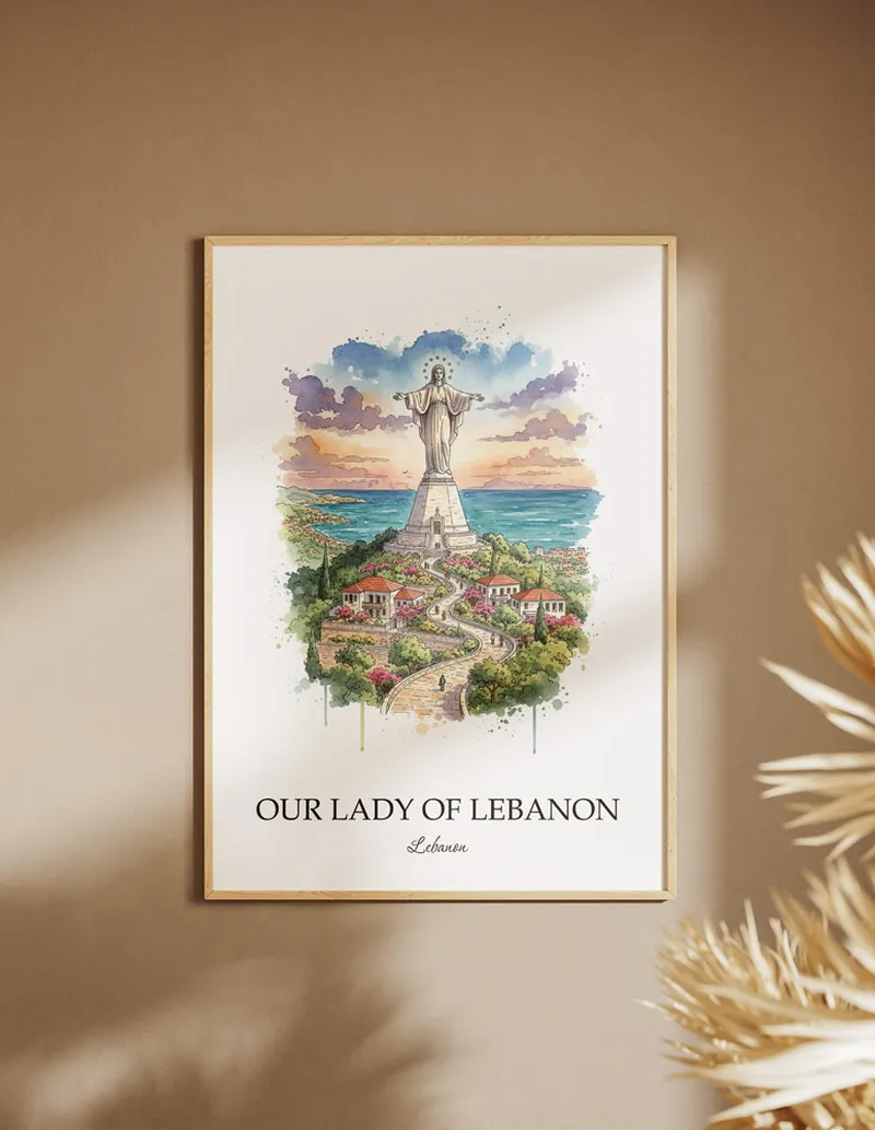 A close-up of a high-quality paper print featuring the Our Lady of Lebanon in Lebanon minimalist design.