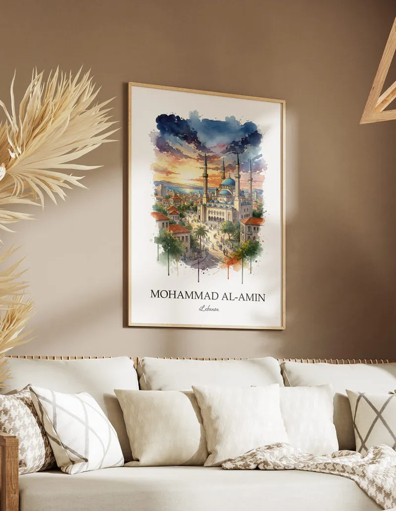 A gorgeous boho-inspired living space with a framed vintage travel poster of Mohammad Al-Amin in Lebanon on display.