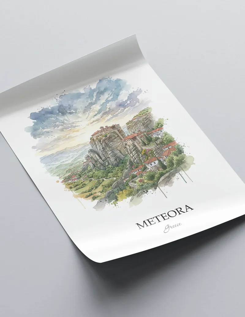 A close-up of a high-quality paper print featuring the Meteora in Greece minimalist design.