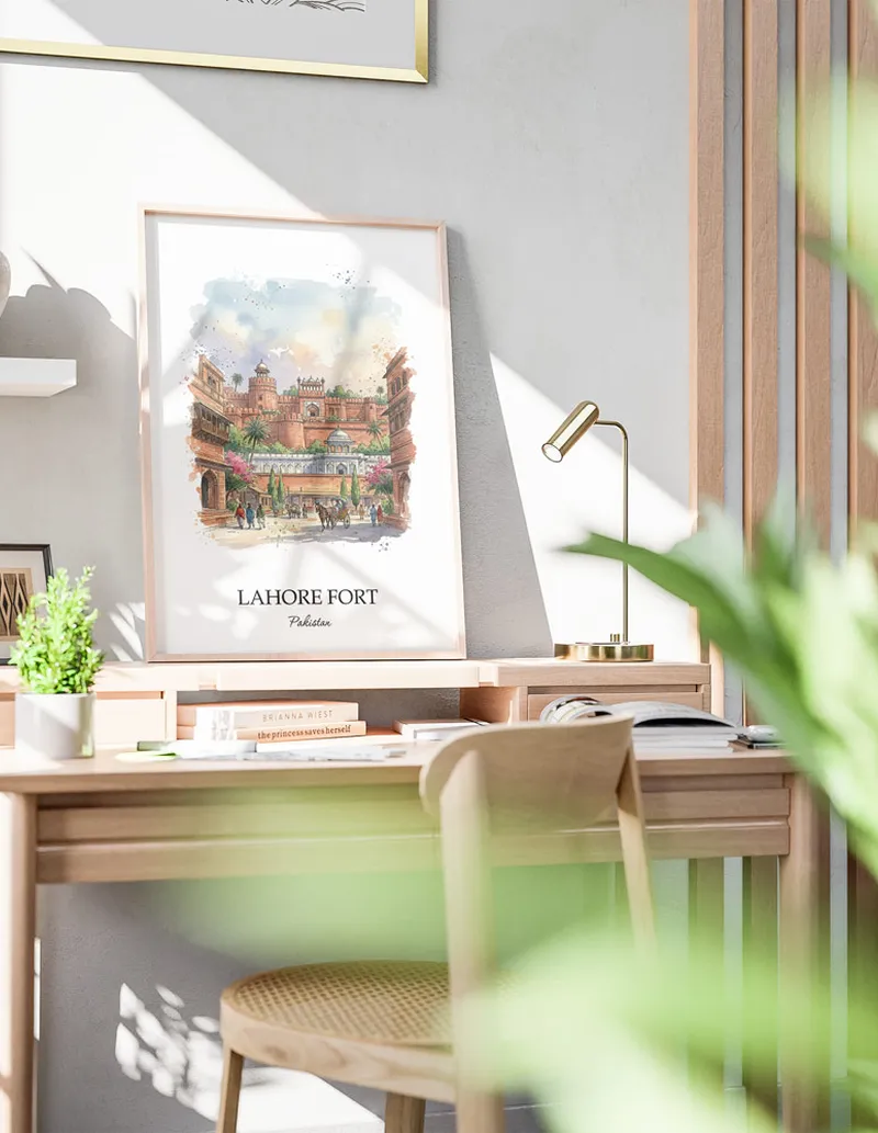 A clean and modern mockup showing a framed Lahore Fort, Pakistan print on a minimalist background.