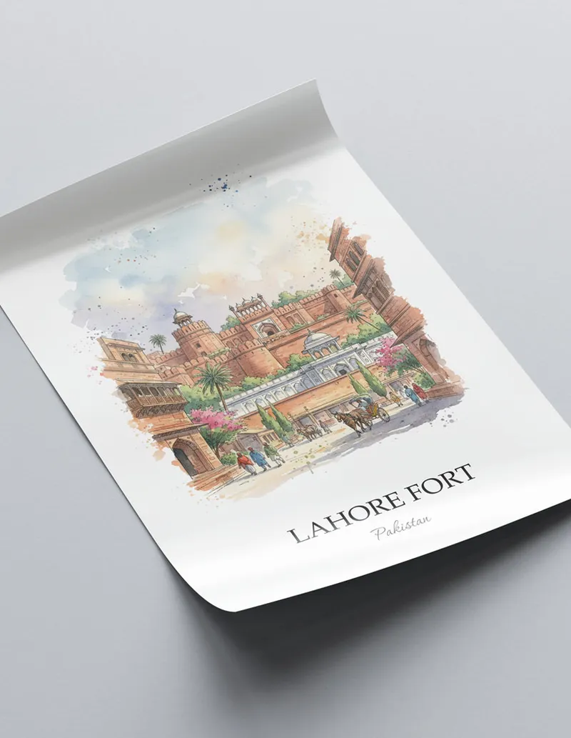 Framed wall art featuring Lahore Fort in Pakistan in a light wood frame leaning on the floor.