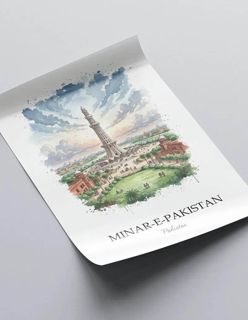 Framed wall art featuring Minar-e-Pakistan in Pakistan in a light wood frame leaning on the floor.