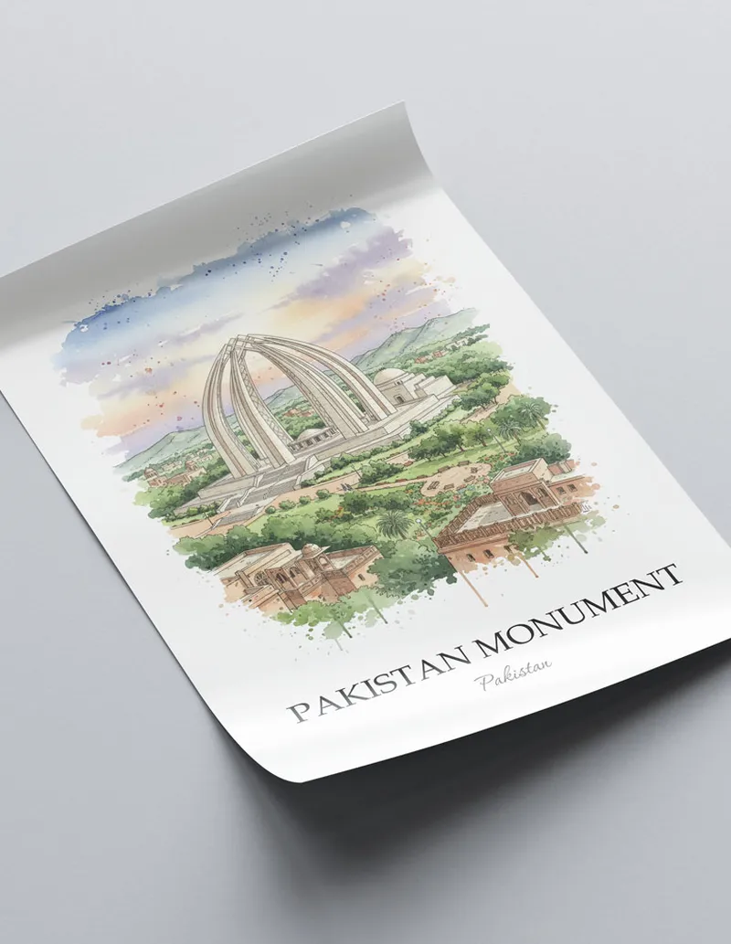 Framed wall art featuring Pakistan Monument in Pakistan in a light wood frame leaning on the floor.