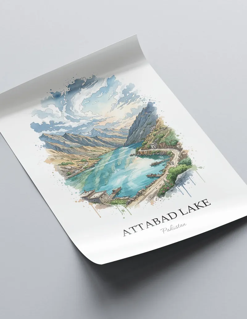 Framed wall art featuring Attabad Lake in Pakistan in a light wood frame leaning on the floor.