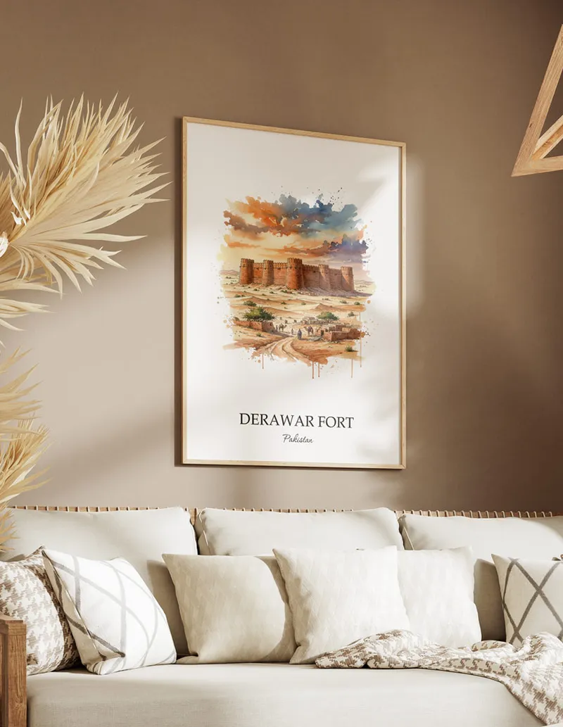 A gorgeous boho-inspired living space with a framed vintage travel poster of Derawar Fort in Pakistan on display.