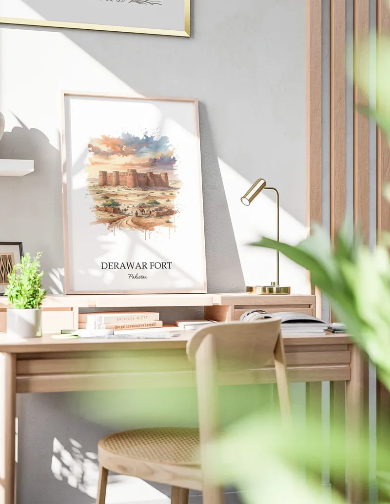 A clean and modern mockup showing a framed Derawar Fort, Pakistan print on a minimalist background.