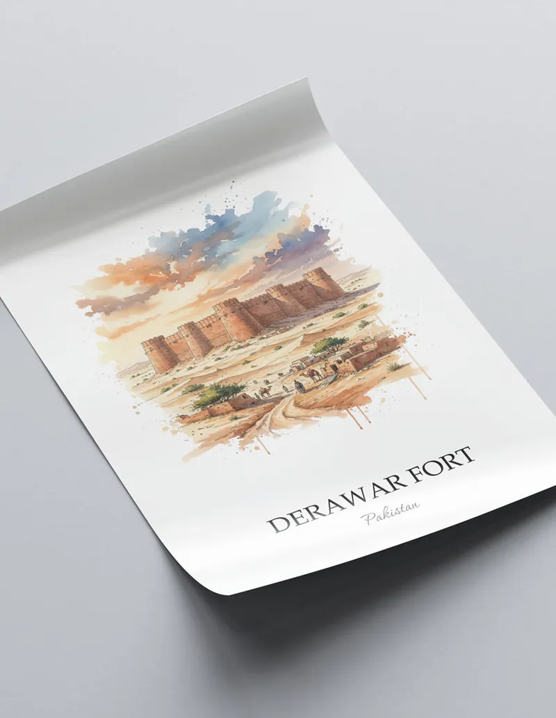 Framed wall art featuring Derawar Fort in Pakistan in a light wood frame leaning on the floor.