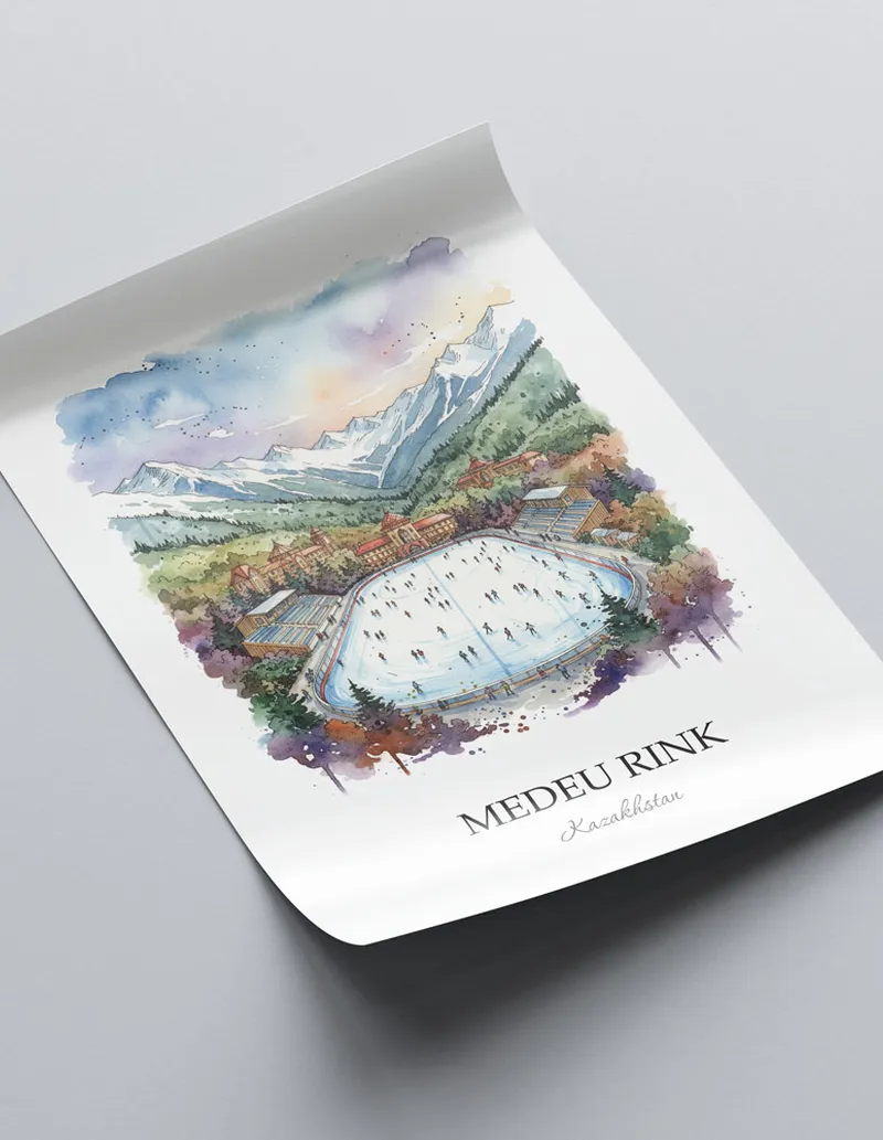 Framed wall art featuring Medeu Rink in Kazakhstan in a light wood frame leaning on the floor.