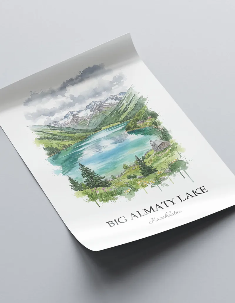 Framed wall art featuring Big Almaty Lake in Kazakhstan in a light wood frame leaning on the floor.