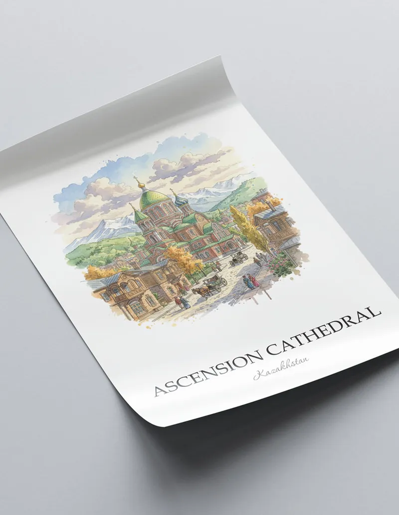 Minimalist poster of Ascension Cathedral in Kazakhstan in a light frame standing on the floor in a dark moody interior.
