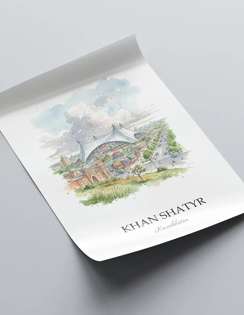 Minimalist poster of Khan Shatyr in Kazakhstan in a light frame standing on the floor in a dark moody interior.