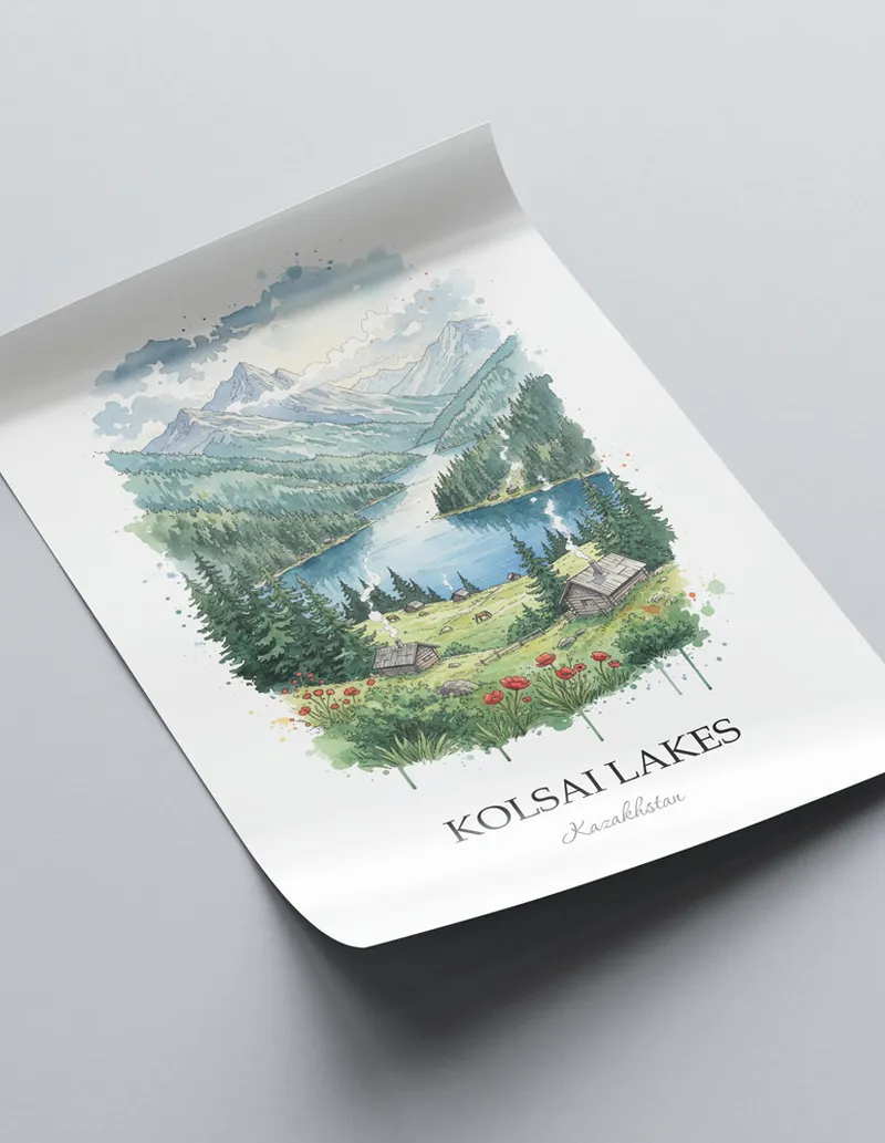 Minimalist poster of Kolsai Lakes in Kazakhstan in a light frame standing on the floor in a dark moody interior.