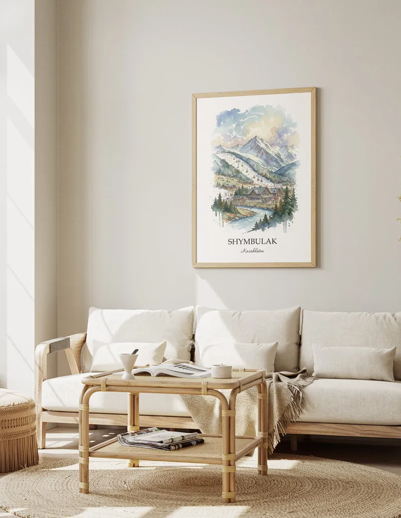 A gorgeous boho-inspired living space with a framed vintage travel poster of Shymbulak in Kazakhstan on display.