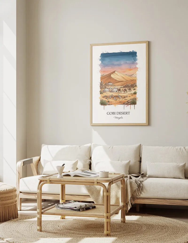 A gorgeous boho-inspired living space with a framed vintage travel poster of Gobi Desert in Mongolia on display.