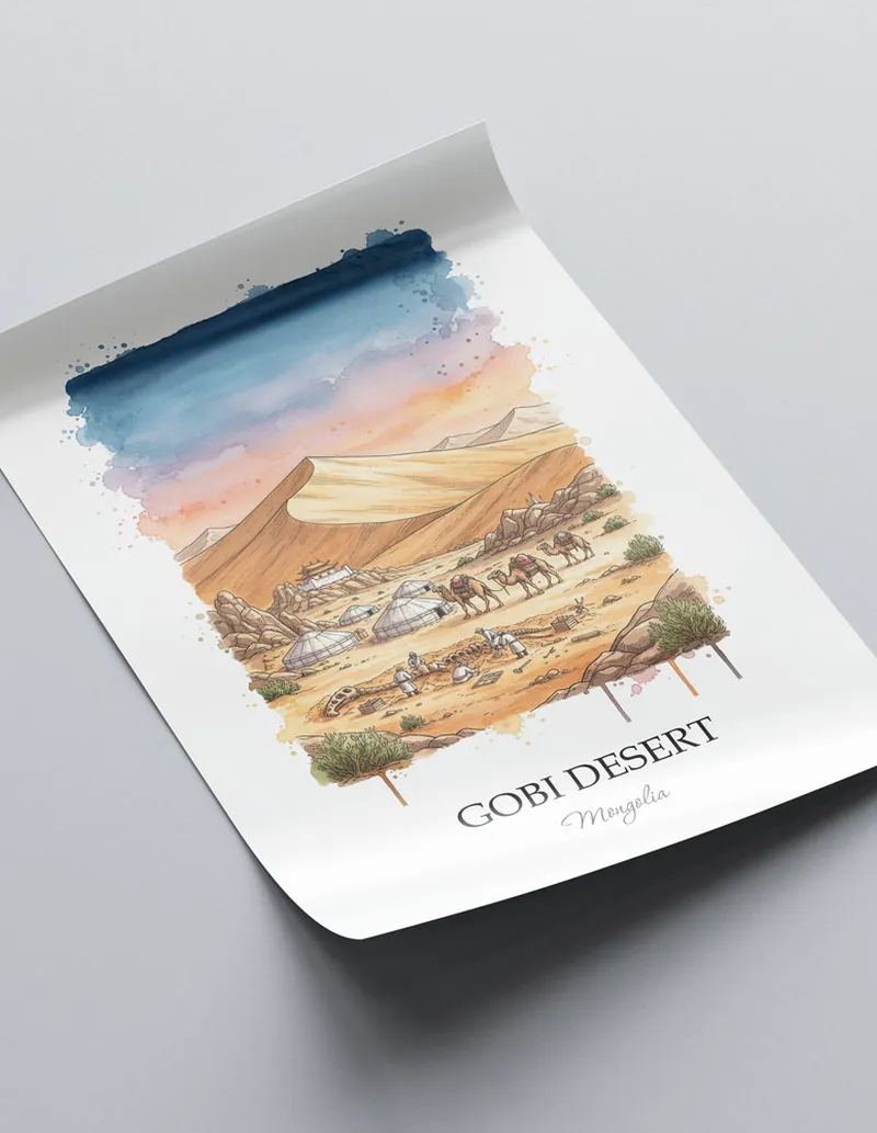Minimalist poster of Gobi Desert in Mongolia in a light frame standing on the floor in a dark moody interior.