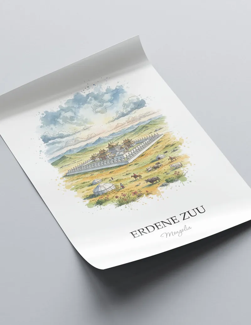 Minimalist poster of Erdene Zuu in Mongolia in a light frame standing on the floor in a dark moody interior.
