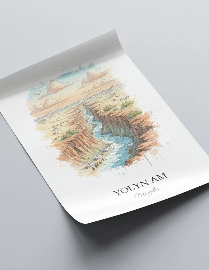 Minimalist poster of Yolyn Am in Mongolia in a light frame standing on the floor in a dark moody interior.