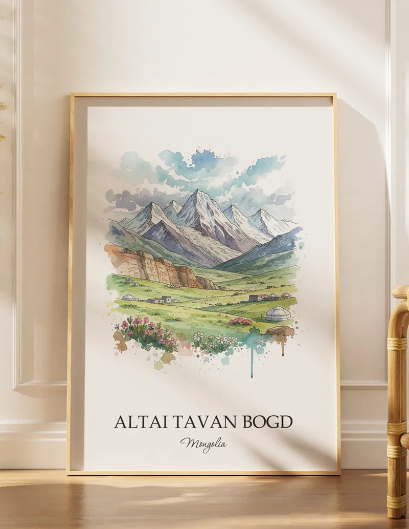 A lovely interior preview showcasing a vintage-vibe travel poster design of the scenic Altai Tavan Bogd in Mongolia.