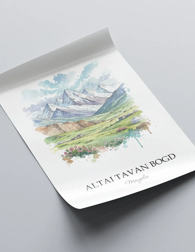Minimalist poster of Altai Tavan Bogd in Mongolia in a light frame standing on the floor in a dark moody interior.