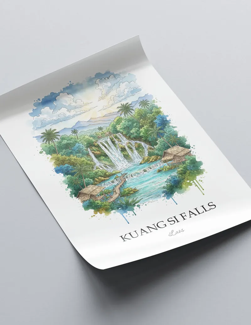 Minimalist poster of Kuang Si Falls in Laos in a light frame standing on the floor in a dark moody interior.