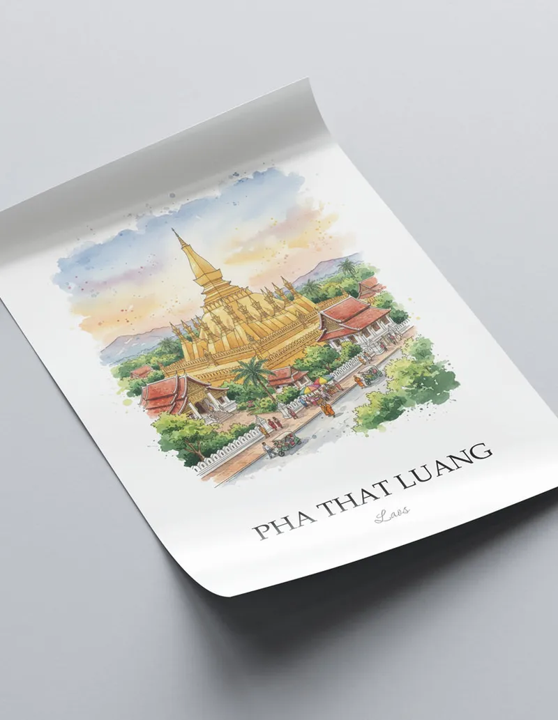 Minimalist poster of Pha That Luang in Laos in a light frame standing on the floor in a dark moody interior.