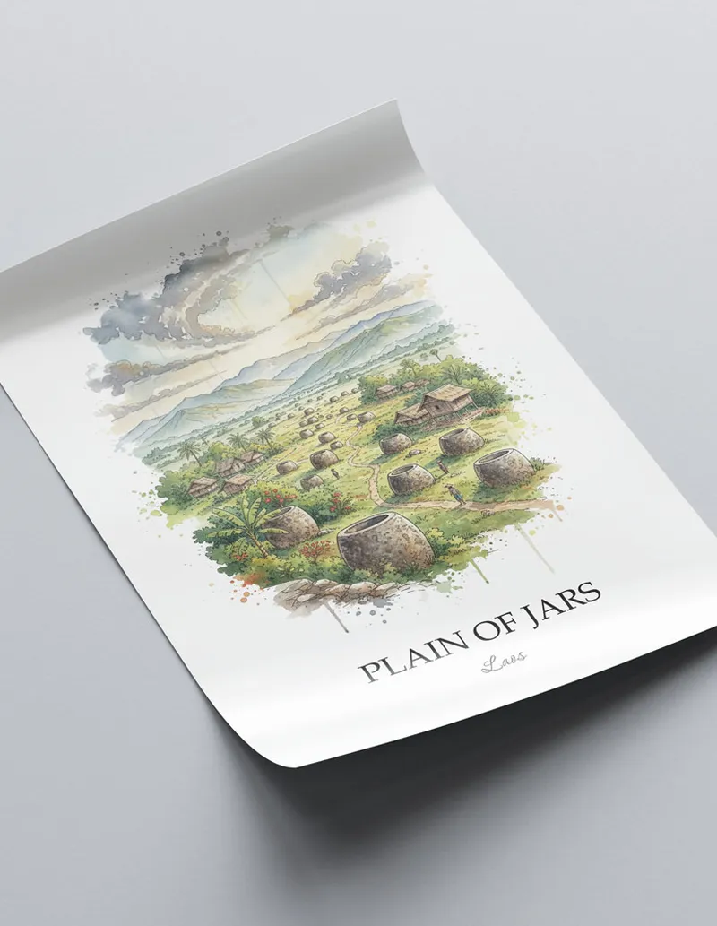 Minimalist poster of Plain of Jars in Laos in a light frame standing on the floor in a dark moody interior.