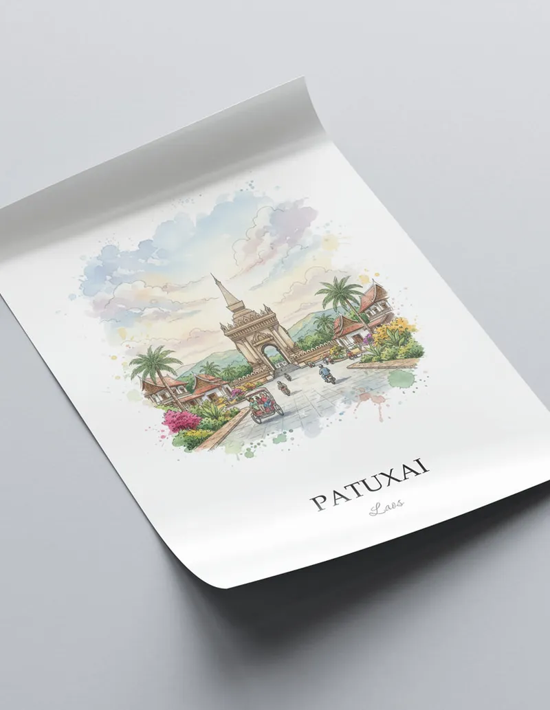 Minimalist poster of Patuxai in Laos in a light frame standing on the floor in a dark moody interior.