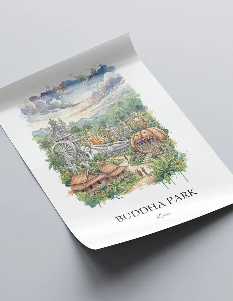 Minimalist poster of Buddha Park in Laos in a light frame standing on the floor in a dark moody interior.