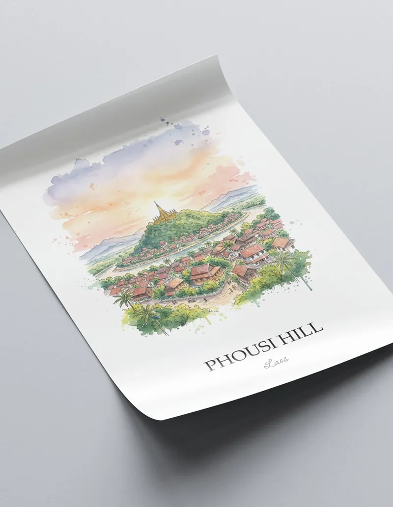 Minimalist poster of Phousi Hill in Laos in a light frame standing on the floor in a dark moody interior.