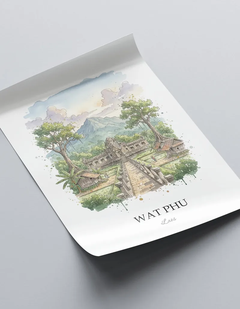 Minimalist poster of Wat Phu in Laos in a light frame standing on the floor in a dark moody interior.
