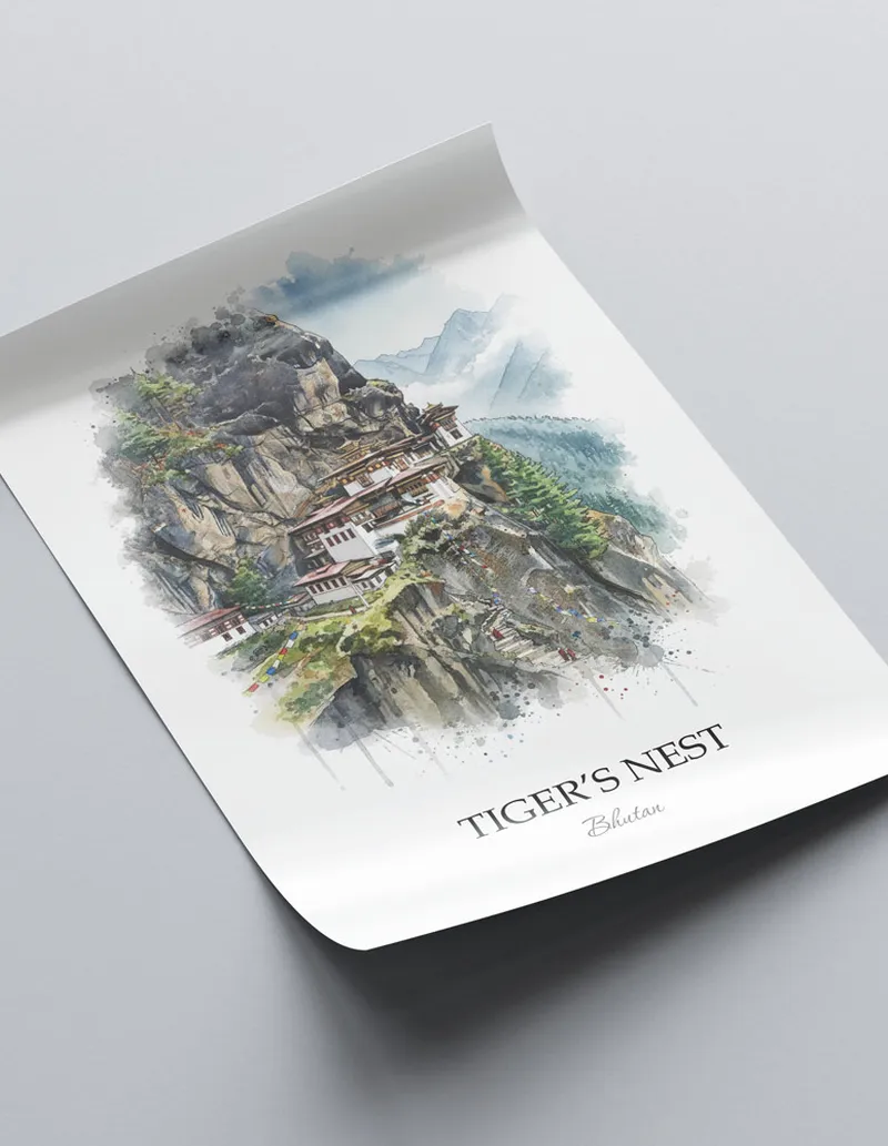 Minimalist poster of Tiger's Nest in Bhutan in a light frame standing on the floor in a dark moody interior.