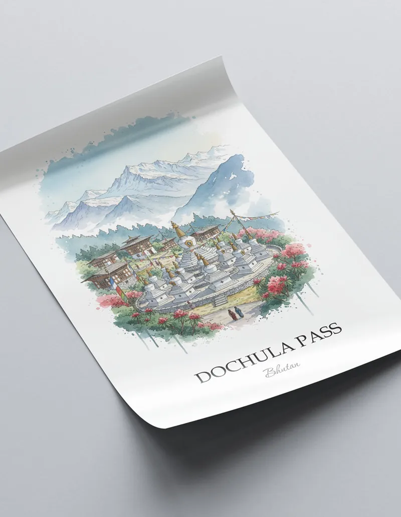 Minimalist poster of Dochula Pass in Bhutan in a light frame standing on the floor in a dark moody interior.