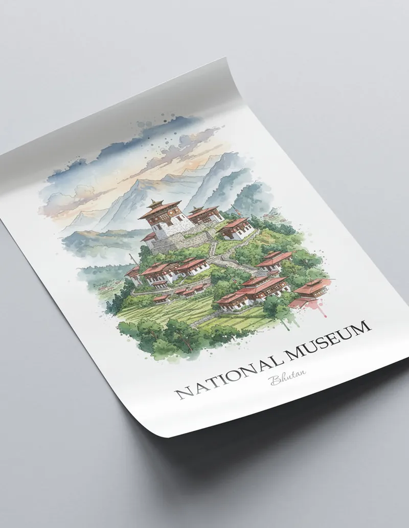 Minimalist poster of National Museum in Bhutan in a light frame standing on the floor in a dark moody interior.