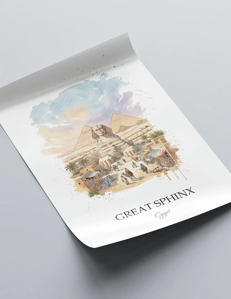 Minimalist poster of Great Sphinx in Egypt in a light frame standing on the floor in a dark moody interior.