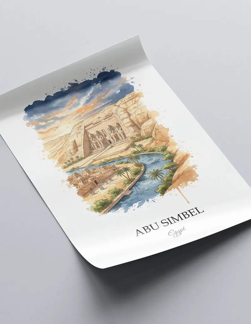 Minimalist poster of Abu Simbel in Egypt in a light frame standing on the floor in a dark moody interior.