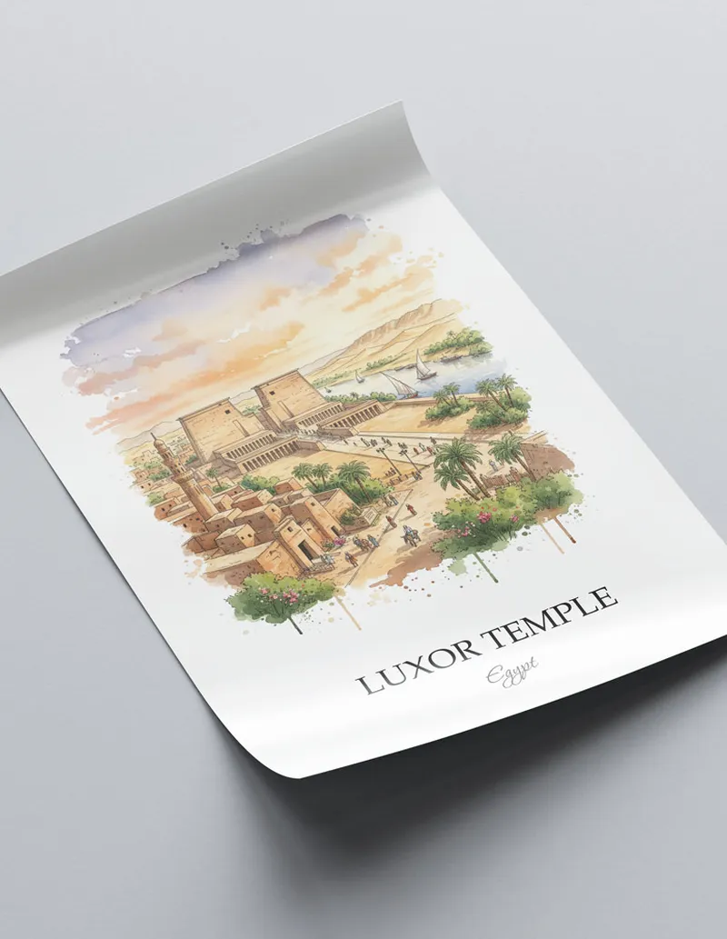 Minimalist poster of Luxor Temple in Egypt in a light frame standing on the floor in a dark moody interior.