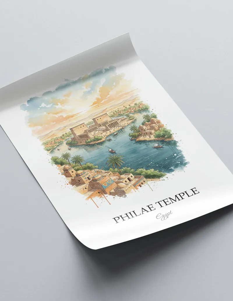 Minimalist poster of Philae Temple in Egypt in a light frame standing on the floor in a dark moody interior.