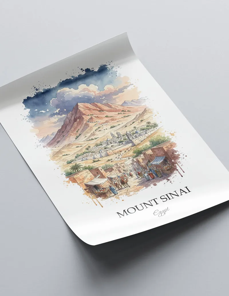 Minimalist poster of Mount Sinai in Egypt in a light frame standing on the floor in a dark moody interior.