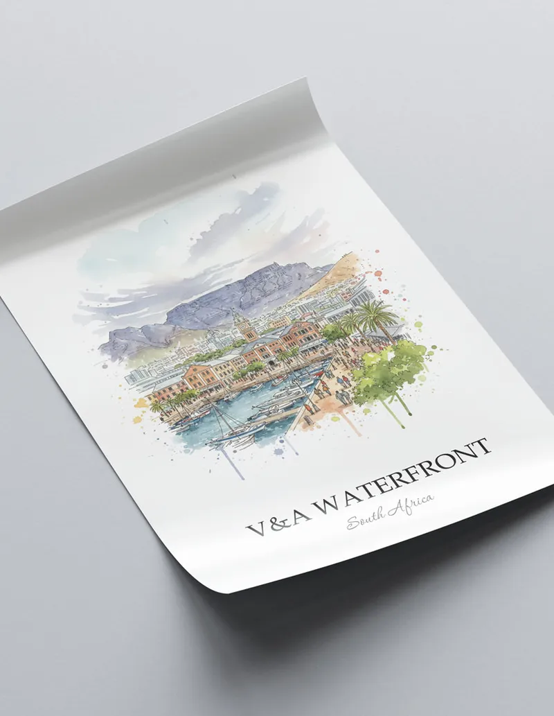 Minimalist poster of V&A Waterfront in South Africa in a light frame standing on the floor in a dark moody interior.