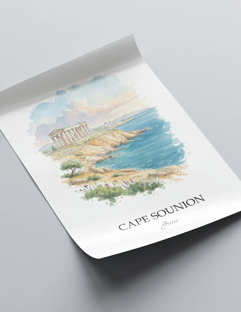 A close-up of a high-quality paper print featuring the Cape Sounion in Greece minimalist design.