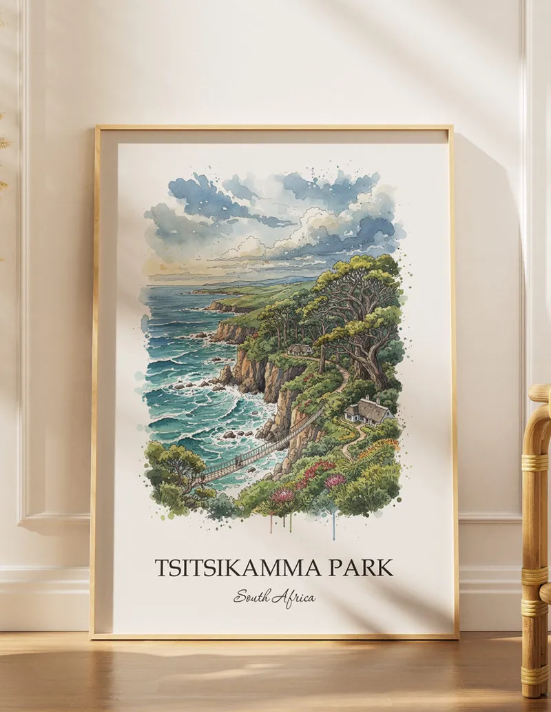 A lovely interior preview showcasing a vintage-vibe travel poster design of the scenic Tsitsikamma Park in South Africa.