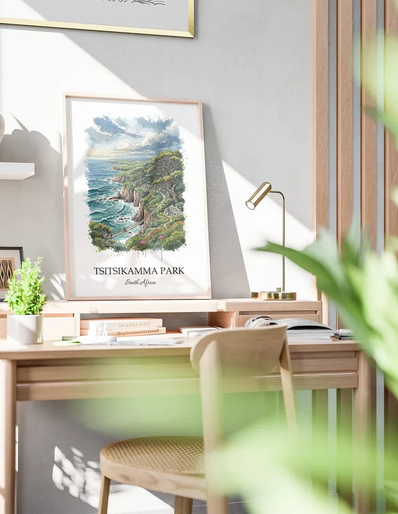 A close-up of a high-quality paper print featuring the Tsitsikamma Park in South Africa minimalist design.
