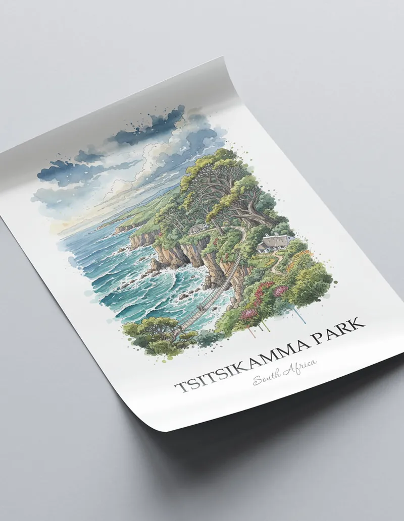 Minimalist poster of Tsitsikamma Park in South Africa in a light frame standing on the floor in a dark moody interior.