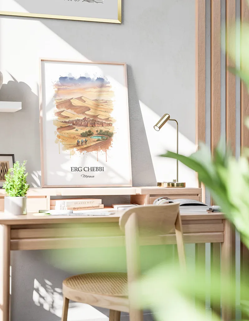 A close-up of a high-quality paper print featuring the Erg Chebbi in Morocco minimalist design.