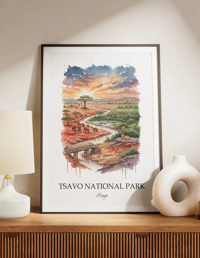 Framed wall art featuring Tsavo National Park, Kenya in a light wood frame hanging above a sofa in a modern living room.