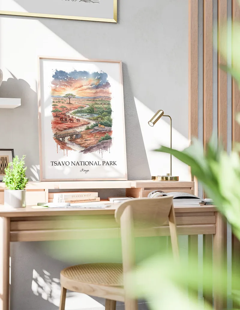 A close-up of a high-quality paper print featuring the Tsavo National Park in Kenya minimalist design.
