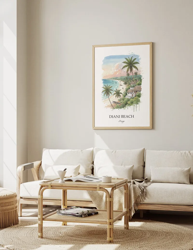 A gorgeous boho-inspired living space with a framed vintage travel poster of Diani Beach in Kenya on display.