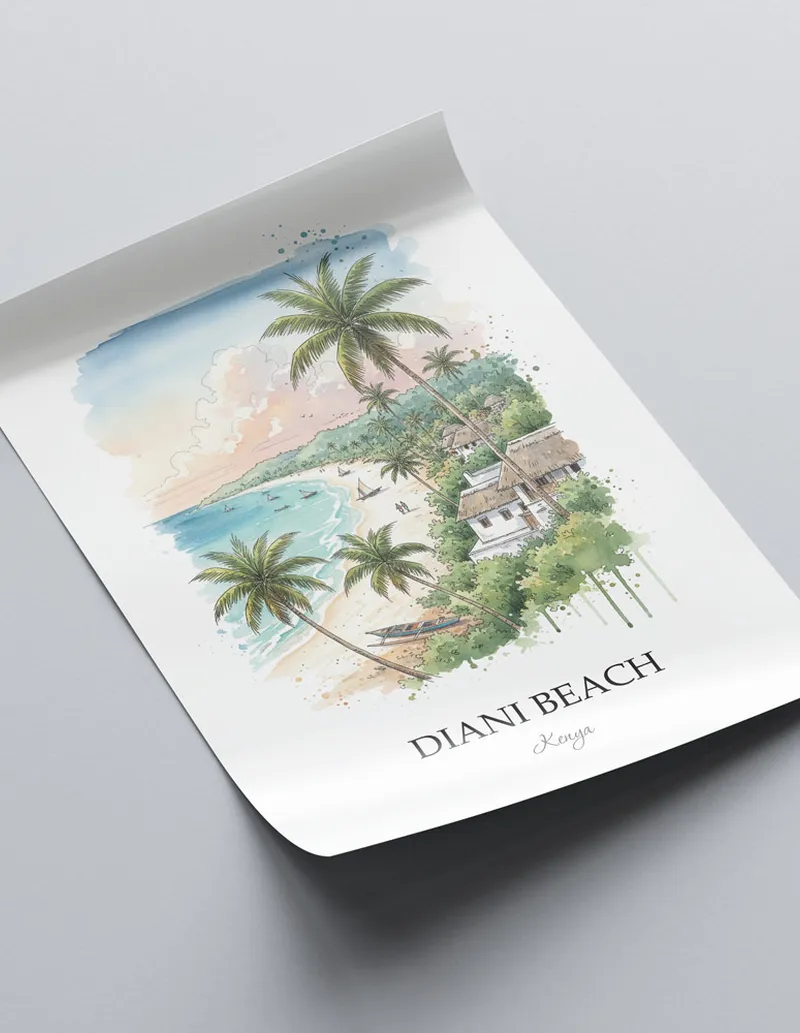 Minimalist poster of Diani Beach in Kenya in a light frame standing on the floor in a dark moody interior.