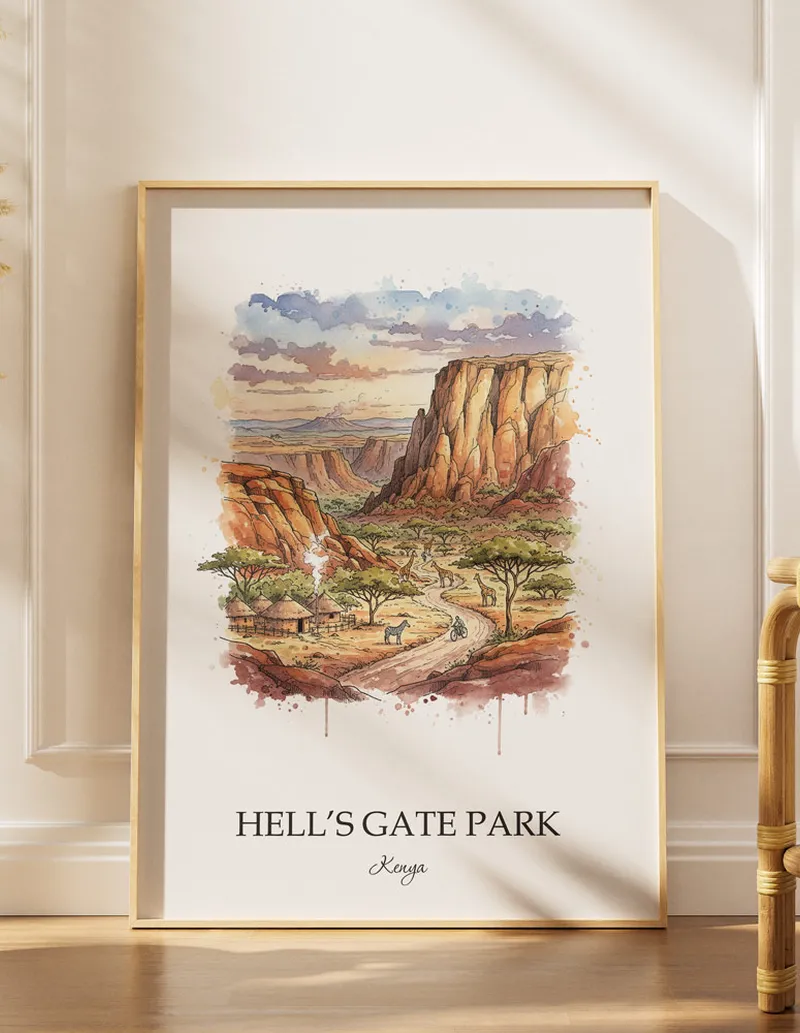 A lovely interior preview showcasing a vintage-vibe travel poster design of the scenic Hell's Gate Park in Kenya.